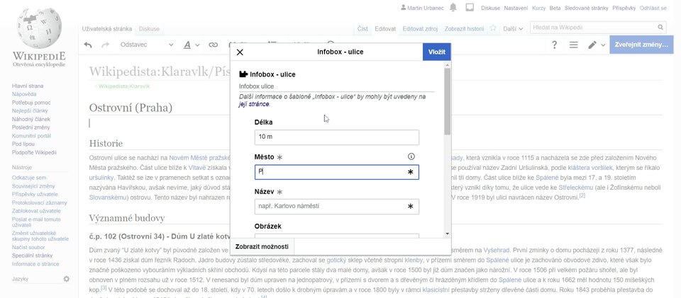Adding infobox street on Czech Wikipedia