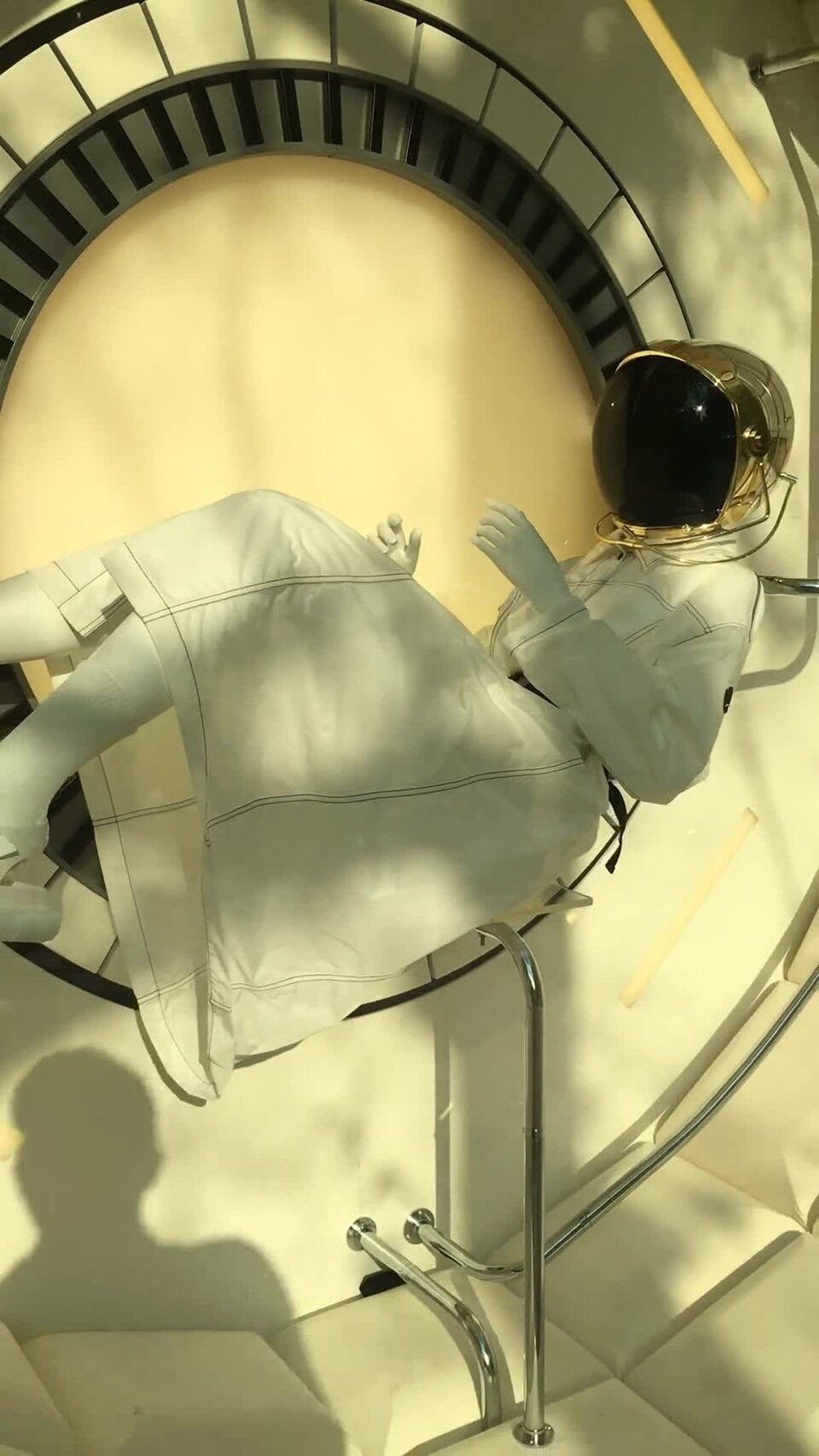 Video of astronaut dummy in store window of Moncler fashion shop in Prague, Czech Republic