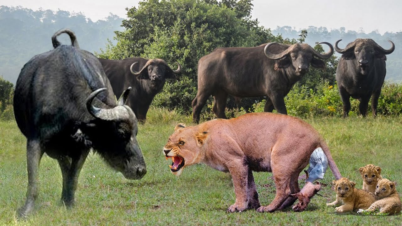 the female lion took revenge of the buffalo after he killed her baby lions !!