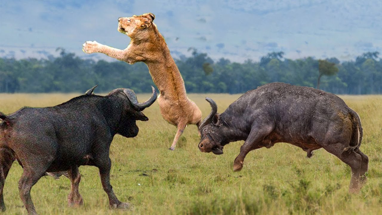 one lion VS 2 Giant Buffaloes , see who will win ?