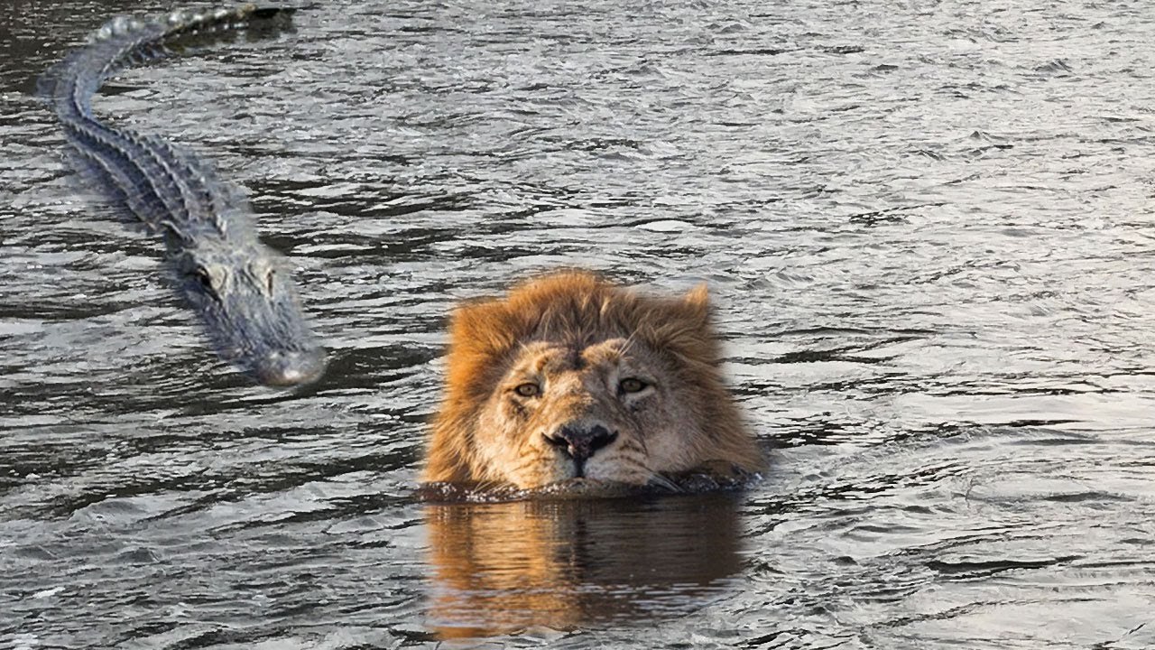 muddy battle , lion VS giant Crocodile , how it take it suddenly!