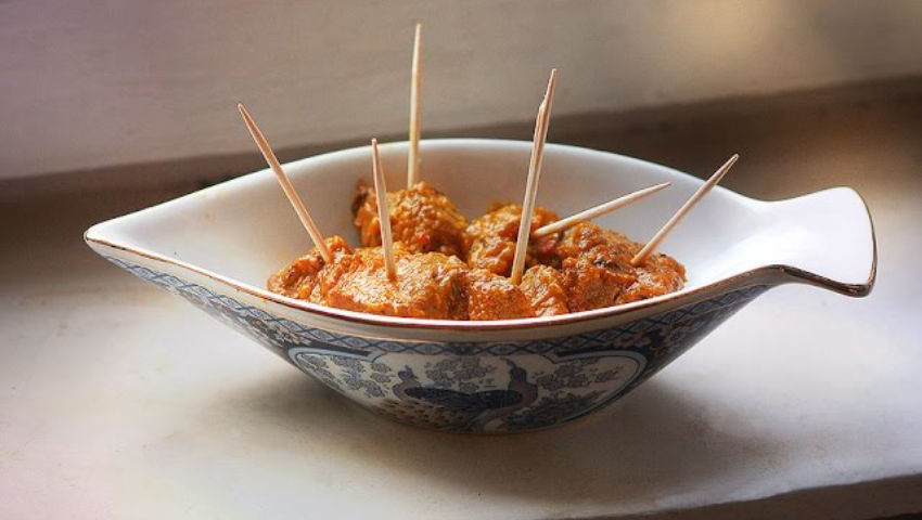 "Toothpick Lamb" in Green Mango and Chili Sauce / Indonesian Dutch Rijsttafel