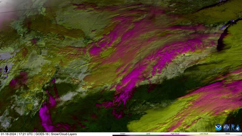 Clouds Stream Above a Snow Covered Central US (CIRA 2024-01-18 - labels)