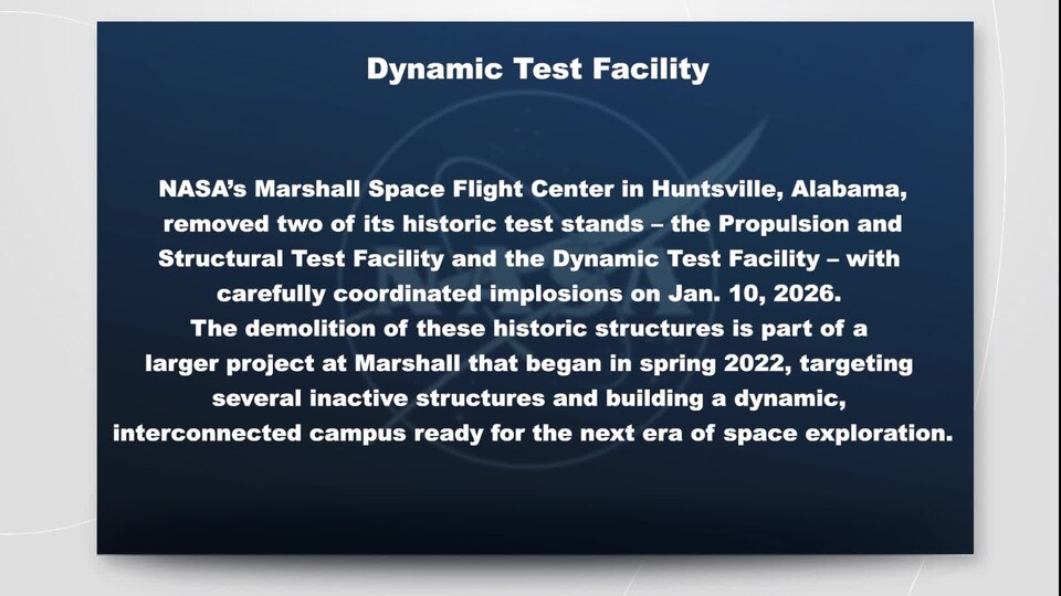 NASA Marshall Implodes Historic Test Stands (MSFC Demolition T Stand Dynamic Test Stand Broll wsound)