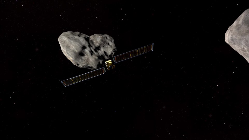 DART's Collision with Dimorphos (back view) An animation looking from behind as NASA's first planetary defense test mission, the Double Asteroid Redirection Test (DART), collides with the asteroid moonlet Dimorphos